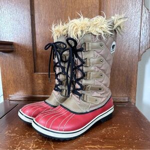 Sorel Red and Tan Talk Lace Up Fur Trim Winter Boots